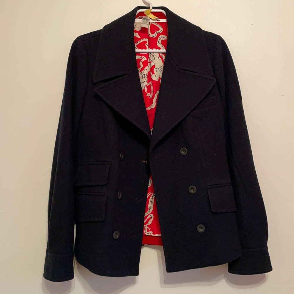 Vintage Diane Von Furstenberg Navy Peacoat with luxurious red silk lining